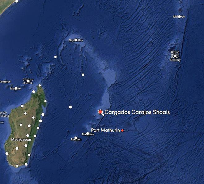 Cargados Carajos Shoals viewed from Google Earth  - they are the southern end of an undersea mountain range that runs through to the Seychelles. Before the late course change the competitors would have been required to pass to the east of the Shoals. © SW